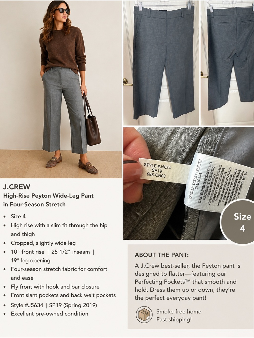 J. Crew Grey Cropped Wide-Leg Peyton Pants